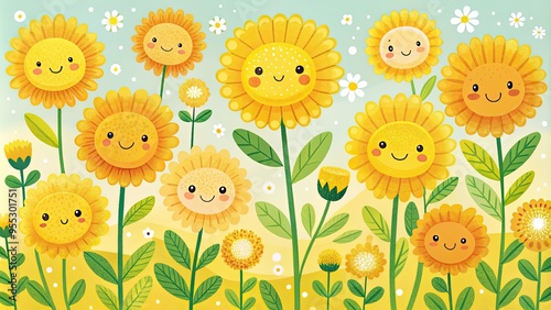Cheerful sunflowers with smiling faces in a field.