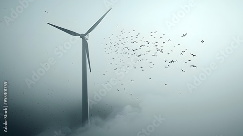 A wind turbine with birds flying around it, highlighting the turbine's impact on wildlife. Copy space. 