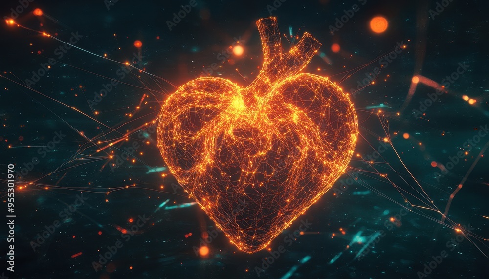 Symbiosis of Creativity and AI: Heart with Glowing Nerve Network and Digital Lines