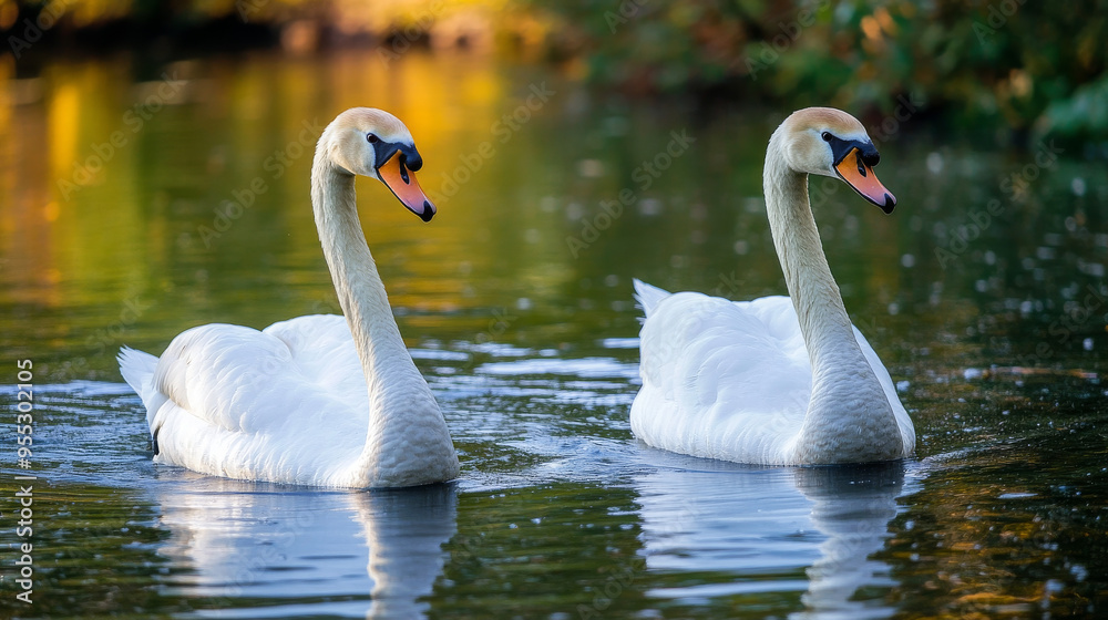 Pair of beautiful white swans swimming in pond at daytime Pair of beautiful white swans swimming in pond at daytime