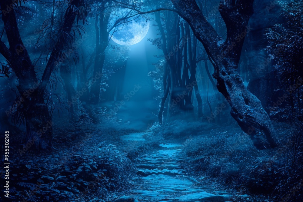 Mystical moonlit forest pathway at night Mystical moonlit forest pathway at night