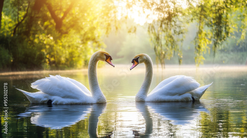 Fototapeta Naklejka Na Ścianę i Meble -  Pair of beautiful white swans swimming in pond at daytime 