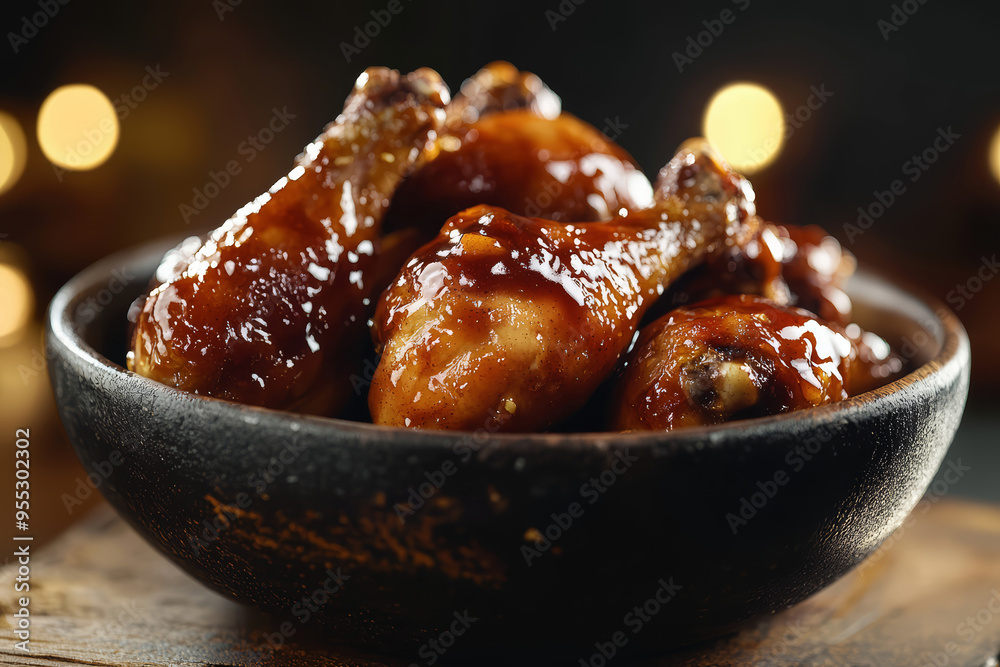 Chicken drumsticks with honey sauce, Asian cooked chicken on the table Chicken drumsticks with honey sauce, Asian cooked chicken on the table