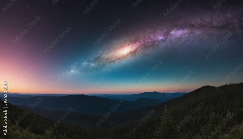 Fototapeta premium Milky Way galaxy arching over dark green mountain ranges with a pink and purple sunrise.