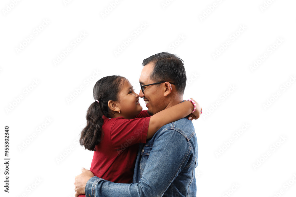 Smiling Asian father and daughter hugging. Isolated on white background Smiling Asian father and daughter hugging. Isolated on white background
