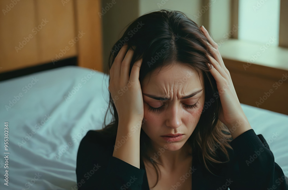 Woman suffering from stress, migraine or a headache grimacing in pain Woman suffering from stress, migraine or a headache grimacing in pain