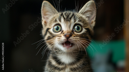 A domestic kitten with a big-eyed, surprised look, making a funny face. The American Shorthair cat's emotional expression is captured in a real photo. Ai generated