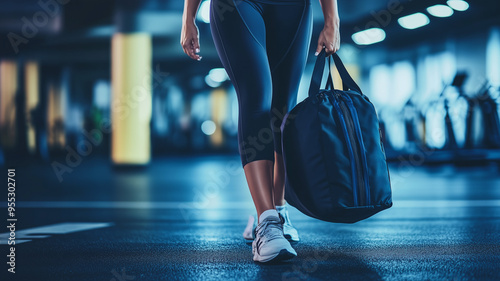 A fit woman dressed in athletic wear and sneakers, carrying her gym bag and preparing to enter a fitness studio, with a focus on her toned yoga pants and energetic vibe. Ai generated