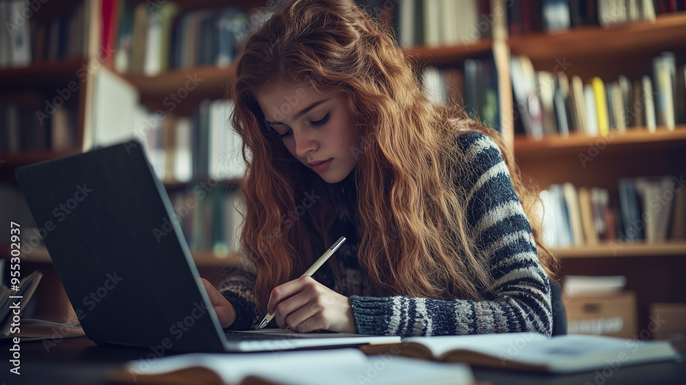 A girl writing in her notebook while referencing information on her laptop, her study space neat and organized, with natural light filling the room. Ai generated A girl writing in her notebook while referencing information on her laptop, her study space neat and organized, with natural light filling the room. Ai generated