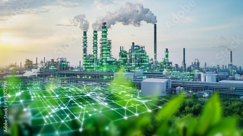 A green industry power plant concept, featuring smart factories and digital technology, integrated with nature and renewable energy sources. Ai generated photo