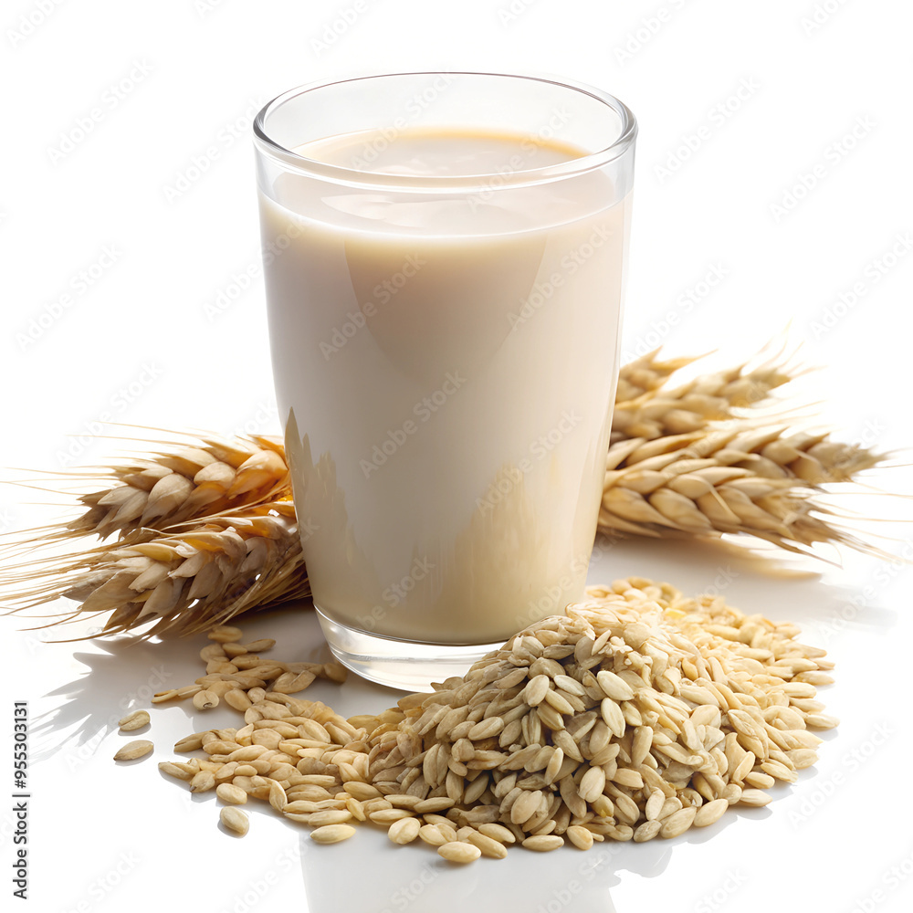 a glass of oak milk on a white surface, with a pile of wheat beside it a glass of oak milk on a white surface, with a pile of wheat beside it