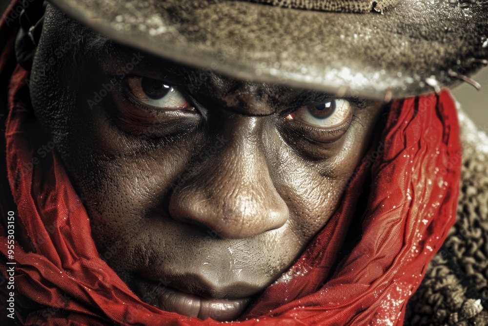 Intense gaze of a man in hat and red scarf Intense gaze of a man in hat and red scarf