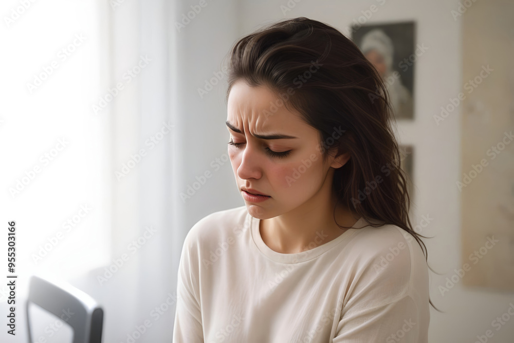 Woman suffering from stress, migraine or a headache grimacing in pain Woman suffering from stress, migraine or a headache grimacing in pain