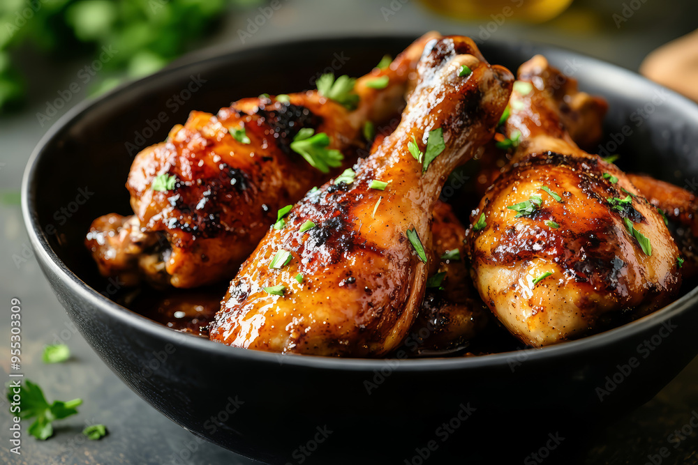 Chicken drumsticks with honey sauce, Asian cooked chicken on the table Chicken drumsticks with honey sauce, Asian cooked chicken on the table