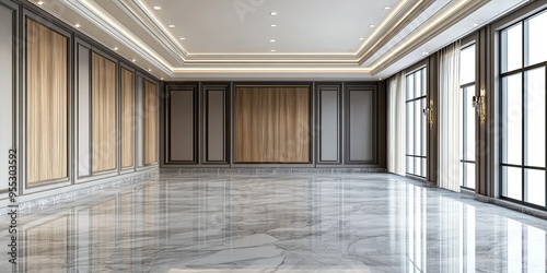 luxury and modern grey hotel ballroom with wooden wall panels and elegant marble floor  photo