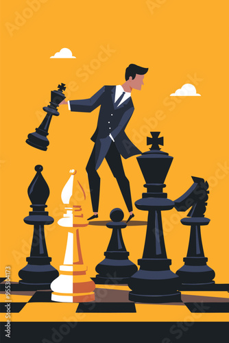 Strategic Businessman Moving Chess Knight for Winning Business Competition Strategy