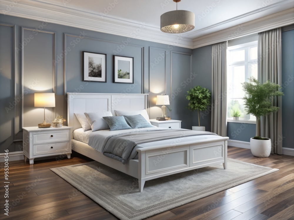 Soft white hues and clean lines elevate a classic bed, nightstands, and dresser, exuding understated sophistication and Soft white hues and clean lines elevate a classic bed, nightstands, and dresser, exuding understated sophistication and