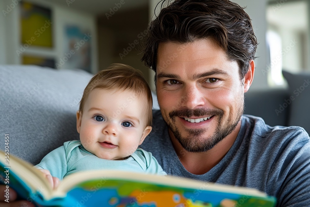 Dad reading to baby is captured in a minimalist design focusing on a father and baby cuddled up with a storybook, highlighting the bond of learning and love Dad reading to baby is captured in a minimalist design focusing on a father and baby cuddled up with a storybook, highlighting the bond of learning and love