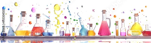 Chemistry set with colorful liquids, various glassware, cartoon style, side view, white background