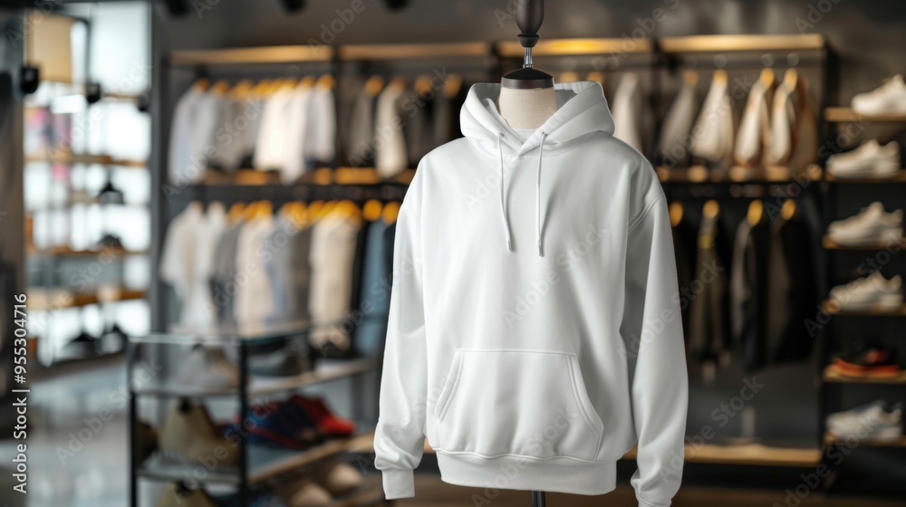 mockup of a white sweatshirt hanging on a mannequin in a clothing store mockup of a white sweatshirt hanging on a mannequin in a clothing store