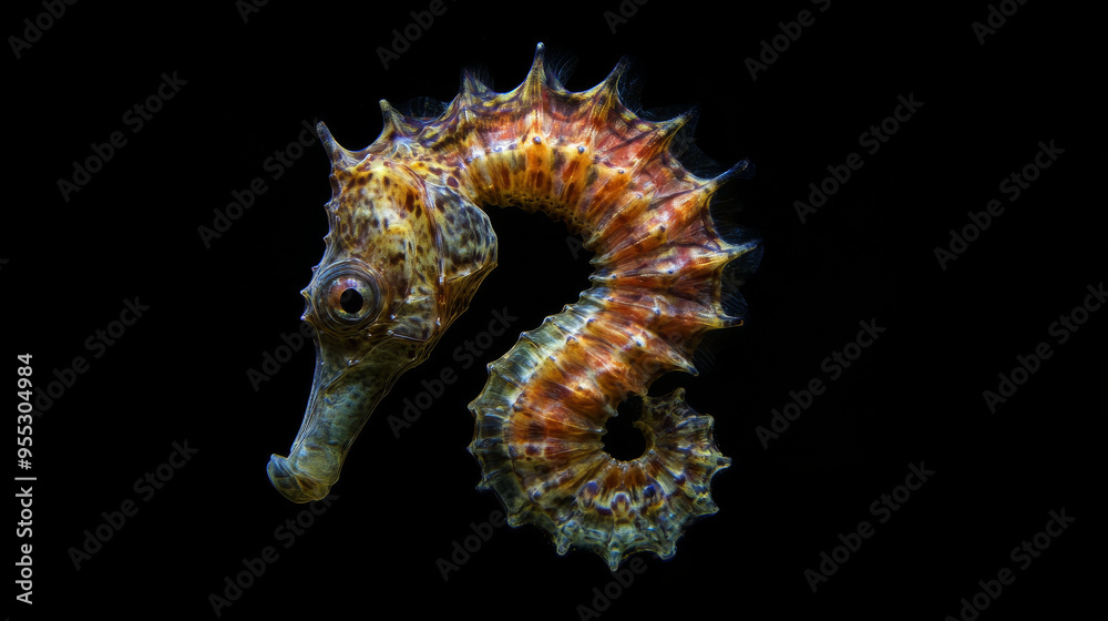 Seahorse (Hippocampus) swimming on black. Seahorse (Hippocampus) swimming on black.