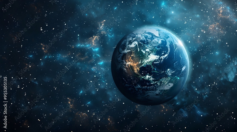 Naklejka premium Majestic Planet Earth Floating Amidst Glowing Atmosphere and Starry Cosmos