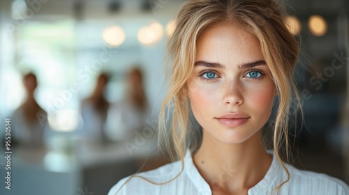 Wallpaper Mural A young woman with bright blue eyes and blond hair gazes into the camera with a neutral expression, set against a blurred indoor background with soft lighting Torontodigital.ca