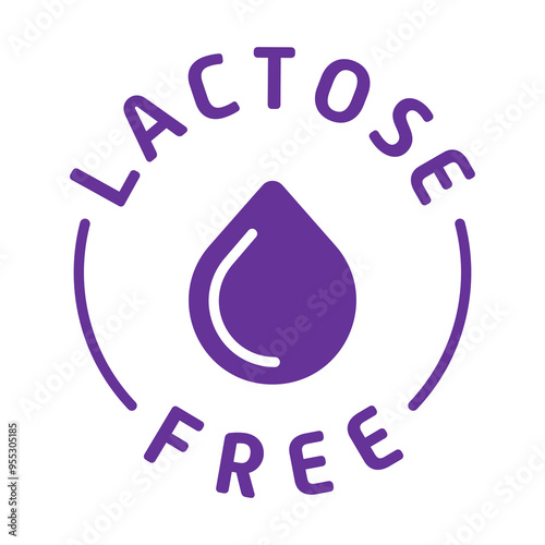 Lactose free label. Sticker, tag, diet, drop, fermented milk products, lactase enzyme, intolerance, indigestion, digestive problems, disorder, congenital, acquired, intestines, stomach, alternative