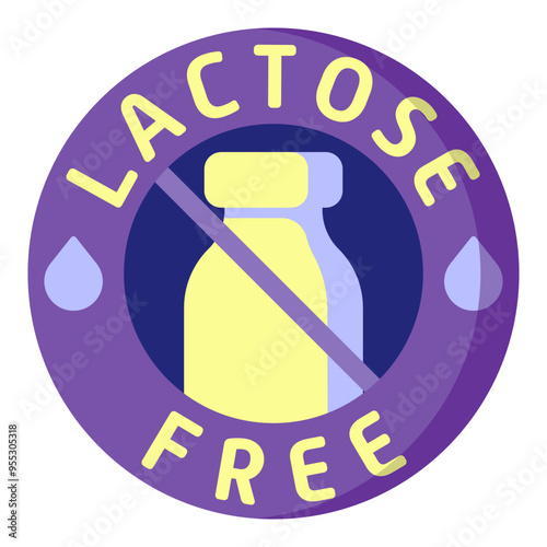 Lactose free label. Diet, drop, fermented milk product, lactase enzyme, intolerance, indigestion, digestive problem disorder, congenital, acquired, intestines, stomach, alternative, crossed out bottle
