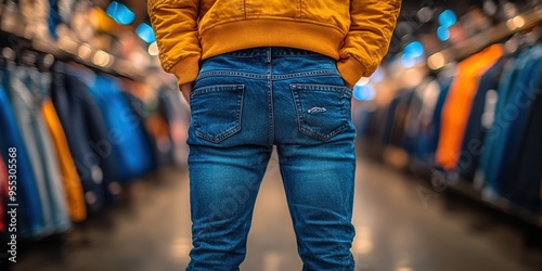 A person wearing a bright yellow jacket and blue jeans stands in the middle of a clothing store aisle filled with assorted colorful clothes on racks photo