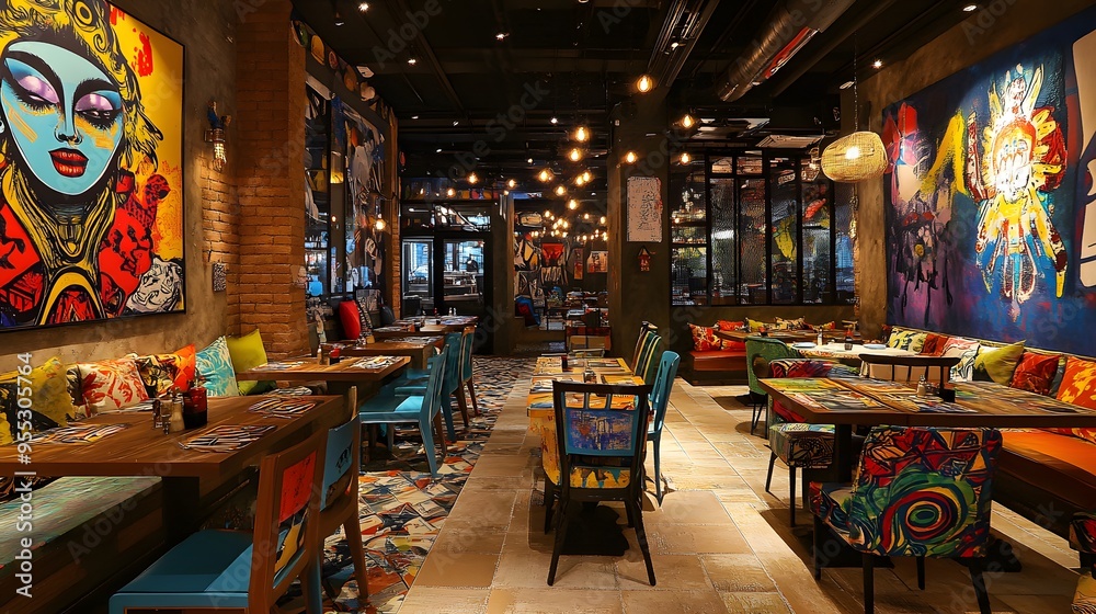 A vibrant restaurant with dynamic ever-changing decor and themes A vibrant restaurant with dynamic ever-changing decor and themes