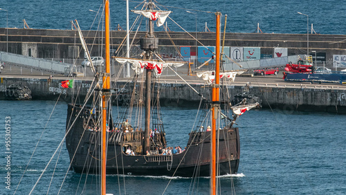 Replica of vessel Santa Maria is passing the port of Funchal timelapse photo