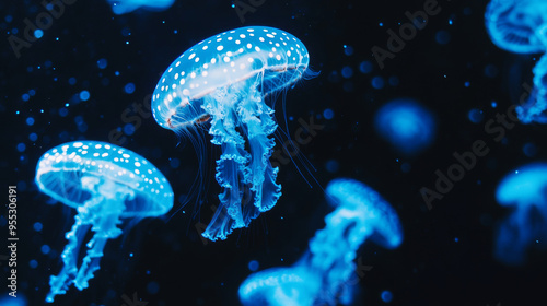 Selective focus of spotted jellyfishes in blue neon light on black background 