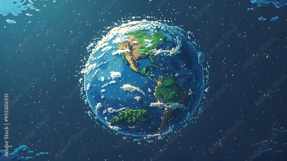 Digitized Pixel Art Rendition of the Vibrant Planet Earth with Blocky Continents and Oceans in Retro Gaming Style Digitized Pixel Art Rendition of the Vibrant Planet Earth with Blocky Continents and Oceans in Retro Gaming Style