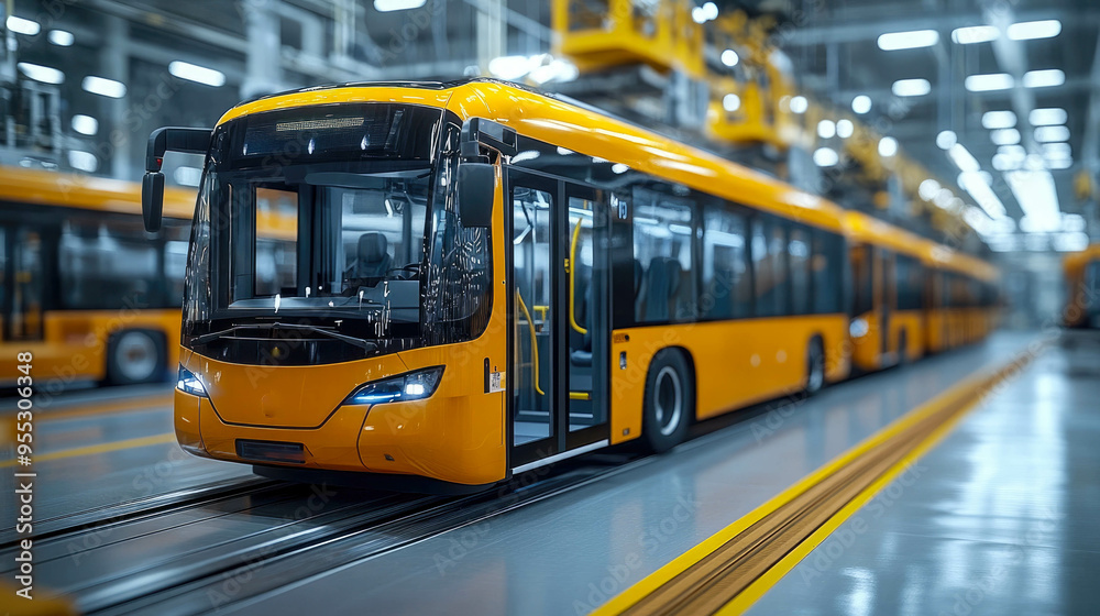 A sleek, modern electric bus in a well-lit manufacturing facility, showcasing the future of eco-friendly transportation and advanced engineering A sleek, modern electric bus in a well-lit manufacturing facility, showcasing the future of eco-friendly transportation and advanced engineering