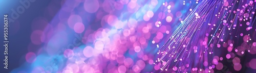 Closeup of glowing fiber optic strands in purple and blue hues