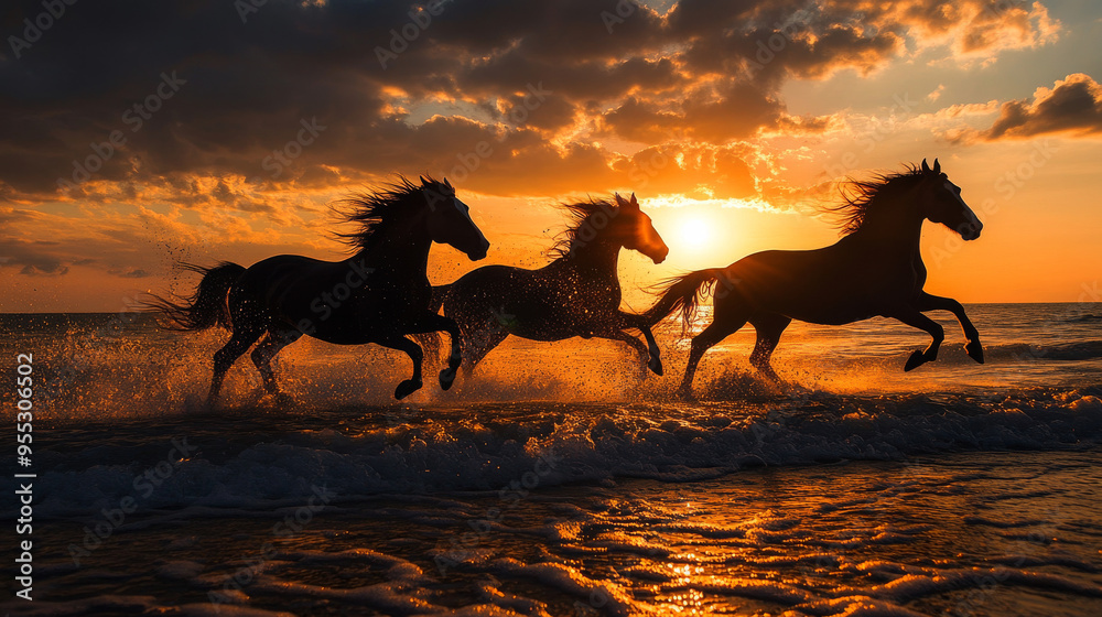 Silhouettes of horses running at seashore at sunset Silhouettes of horses running at seashore at sunset
