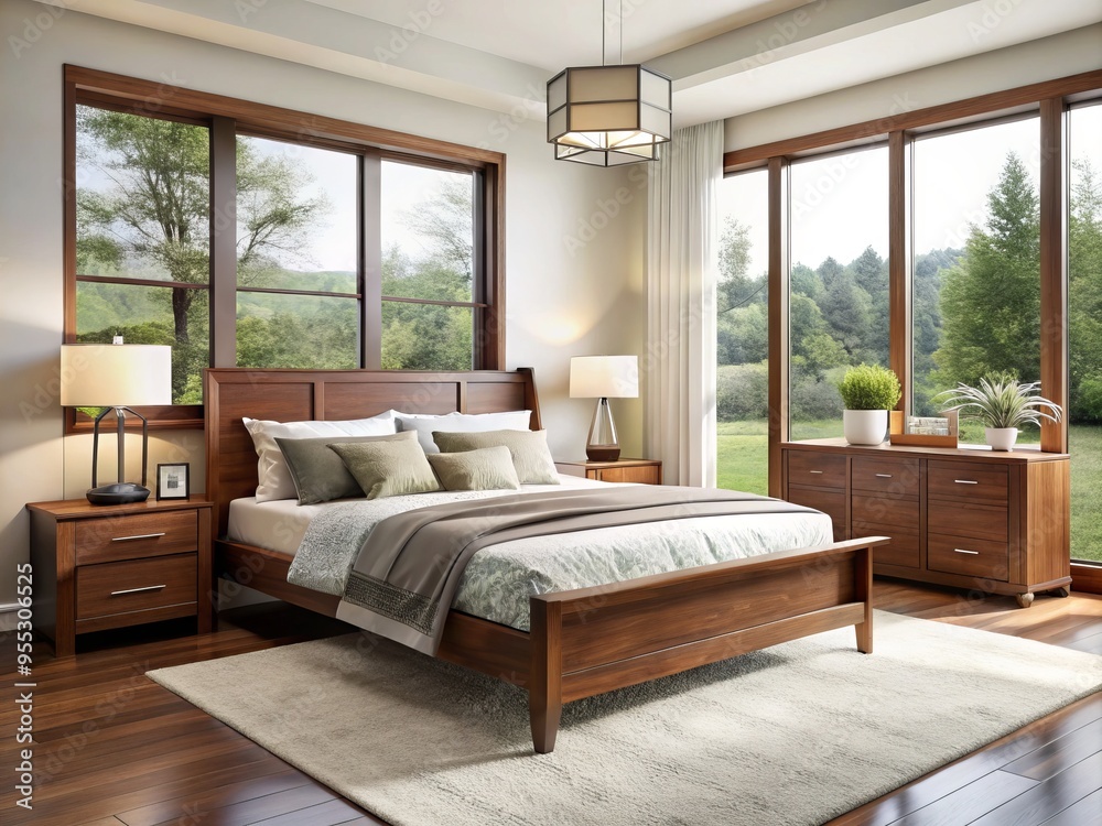 Fototapeta premium Sophisticated bedroom designed with modern brown wood furniture, large windows allowing natural light to pour in, and