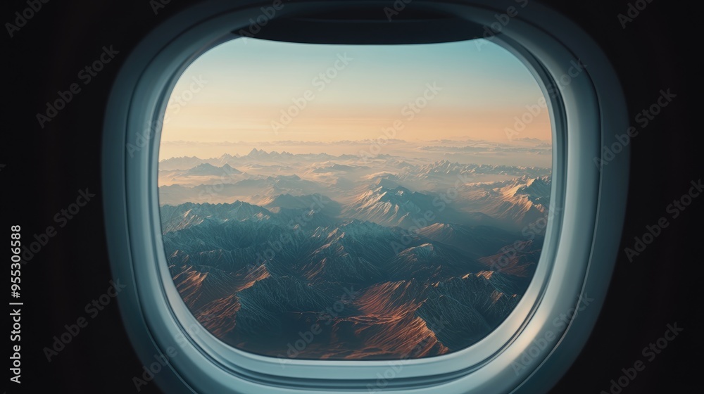3D rendering of a view through an airplane window showcasing mountainous landscapes 3D rendering of a view through an airplane window showcasing mountainous landscapes
