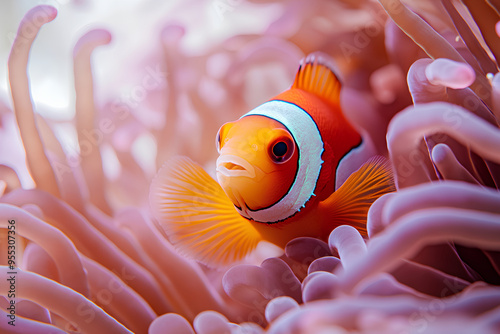 A close-up shot of an orange clownfish swimming among pink sea anemones,