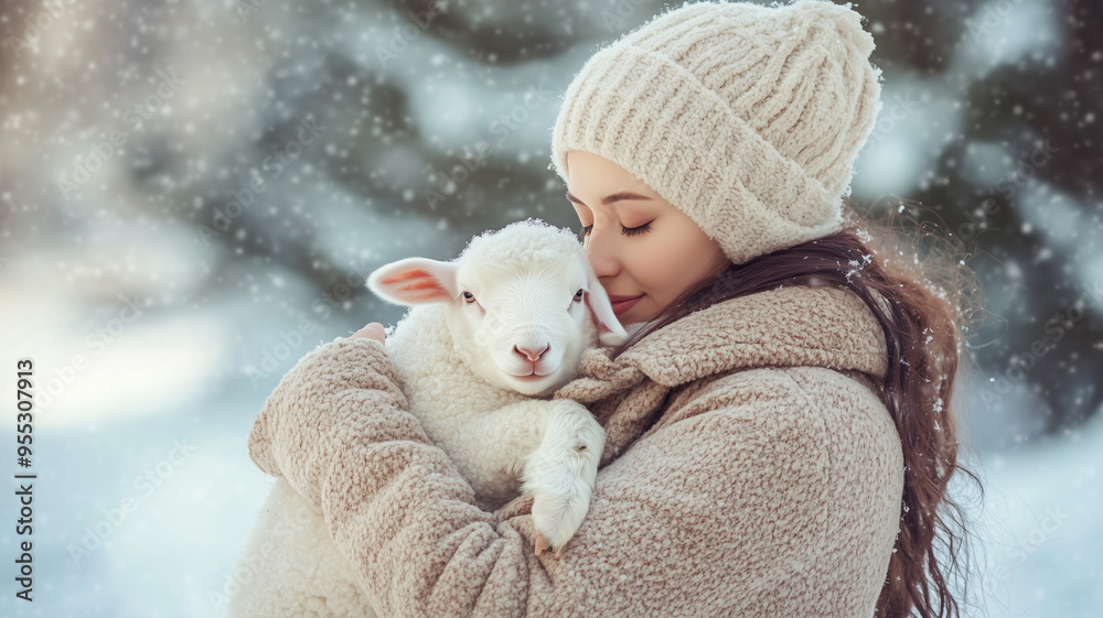 Fototapeta premium A woman in a warm winter coat, cradling a fluffy lamb in her arms against a snowy backdrop, evoking a cozy and tranquil winter scene. Ai generated