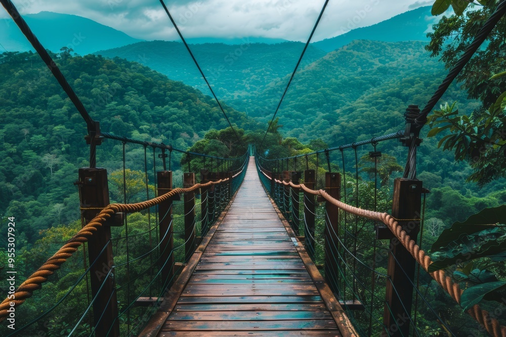 Obraz premium Misty Mountain Suspension Bridge Amidst Lush Forest