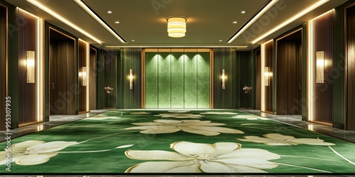 luxury and modern green hotel ballroom with wall panels and elegant carpet with floral shape 