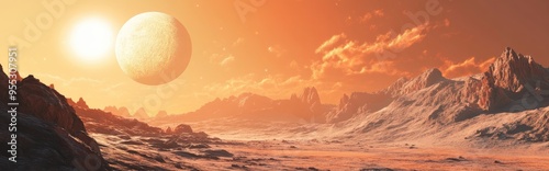 Alien planet depicted in a 3D cartoon rendering showcasing a fantasy landscape viewed from the surface of an exo planet featuring elements of science fiction photo