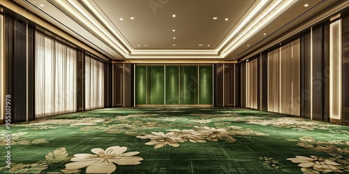 luxury and modern green hotel ballroom with wall panels and elegant carpet with floral shape 