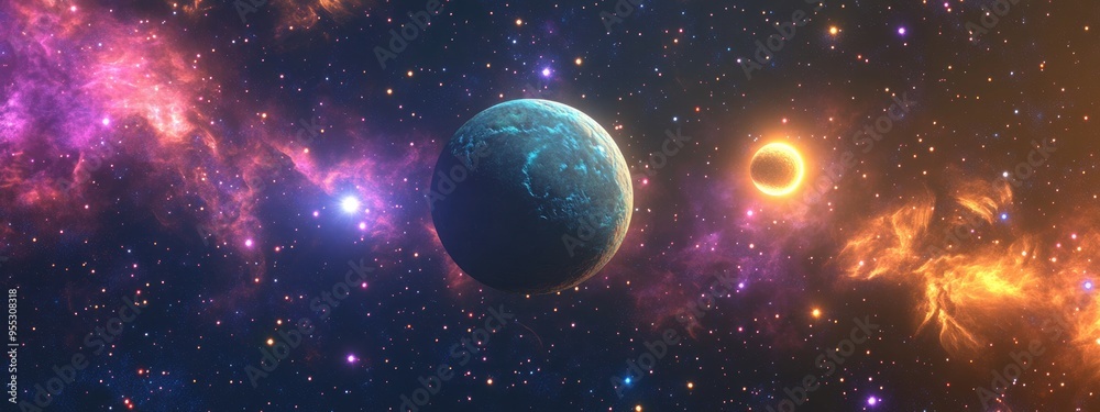 Rendering of a 3D cartoon scene featuring an unknown planet with colorful stars a sun a moon and a space nebula Based on the author s phototextures Rendering of a 3D cartoon scene featuring an unknown planet with colorful stars a sun a moon and a space nebula Based on the author s phototextures