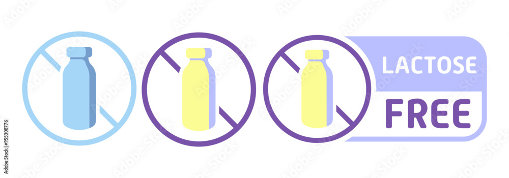 Lactose free label. Diet, drop, fermented milk product, lactase enzyme, intolerance, indigestion, digestive problem disorder, congenital, acquired, intestines, stomach, alternative, crossed out bottle Lactose free label. Diet, drop, fermented milk product, lactase enzyme, intolerance, indigestion, digestive problem disorder, congenital, acquired, intestines, stomach, alternative, crossed out bottle