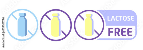 Lactose free label. Diet, drop, fermented milk product, lactase enzyme, intolerance, indigestion, digestive problem disorder, congenital, acquired, intestines, stomach, alternative, crossed out bottle
