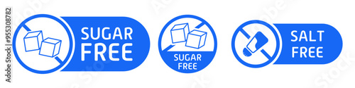 Sugar and salt free labels. Diet, sticker, sweetener, substitute, healthy eating, digestive problems, stomach, intestines, disorder, indigestion, diabetes, fructose, acquired, congenital, alternative