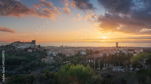 View from above of Rosignano Marittimo and the sea in the background. Tuscany, Italy